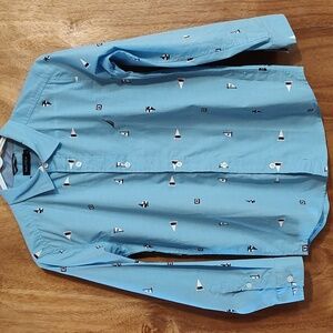 NWOT Nautica Boys Button Down Shirt Blue Sailboat Print Cotton Blend M 10/12